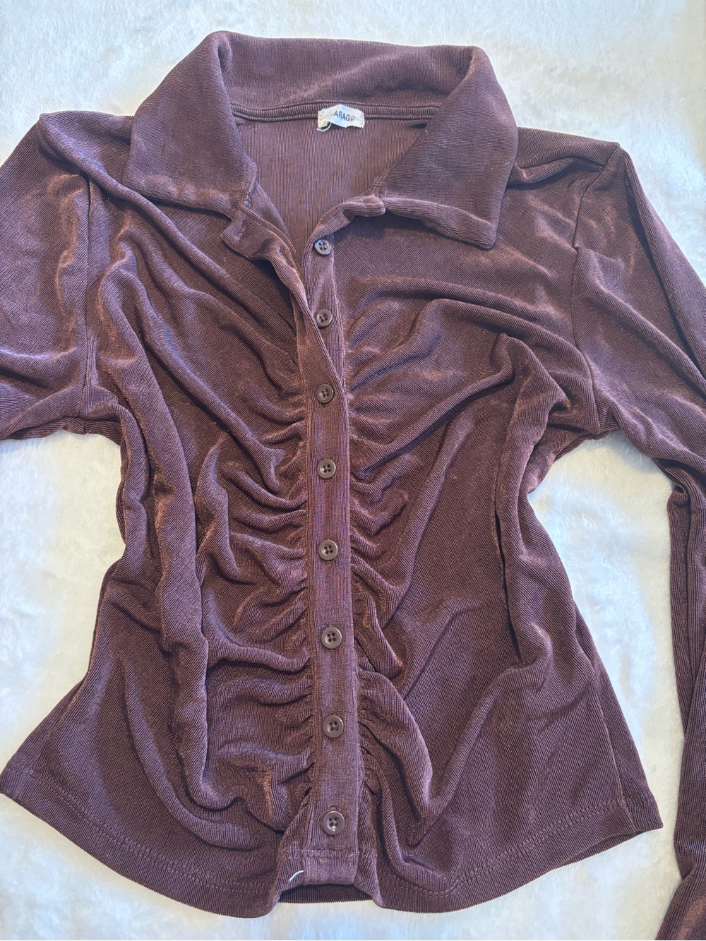 Ruched Button-Up Long Sleeve Top in Mauve Brown - Picture 3 of 5
